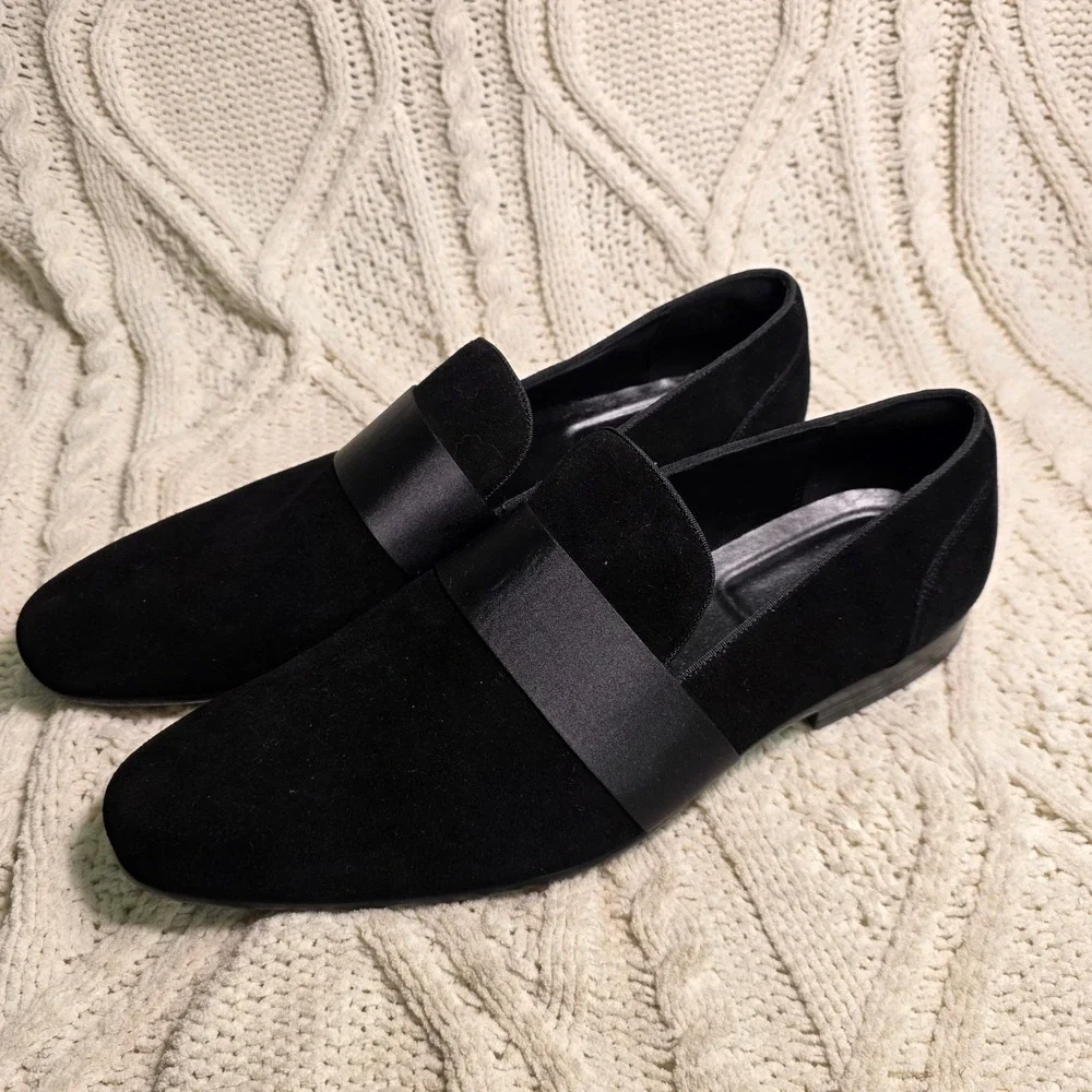 ALDO Suede Leather Dress Loafers Black Satin Band Formal  Mens 14 Excellent